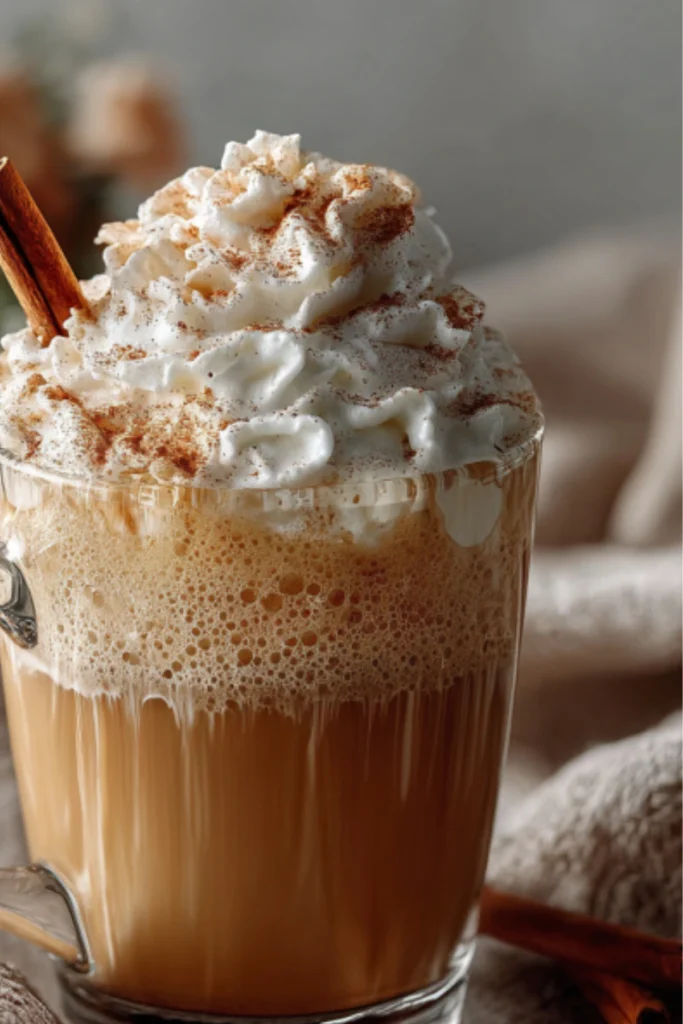 Homemade pumpkin spice latte with whipped cream and cinnamon, served in a clear glass mug