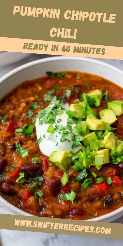Pumpkin Chipotle Chili with Avocado and Sour Cream in 40 Minutes