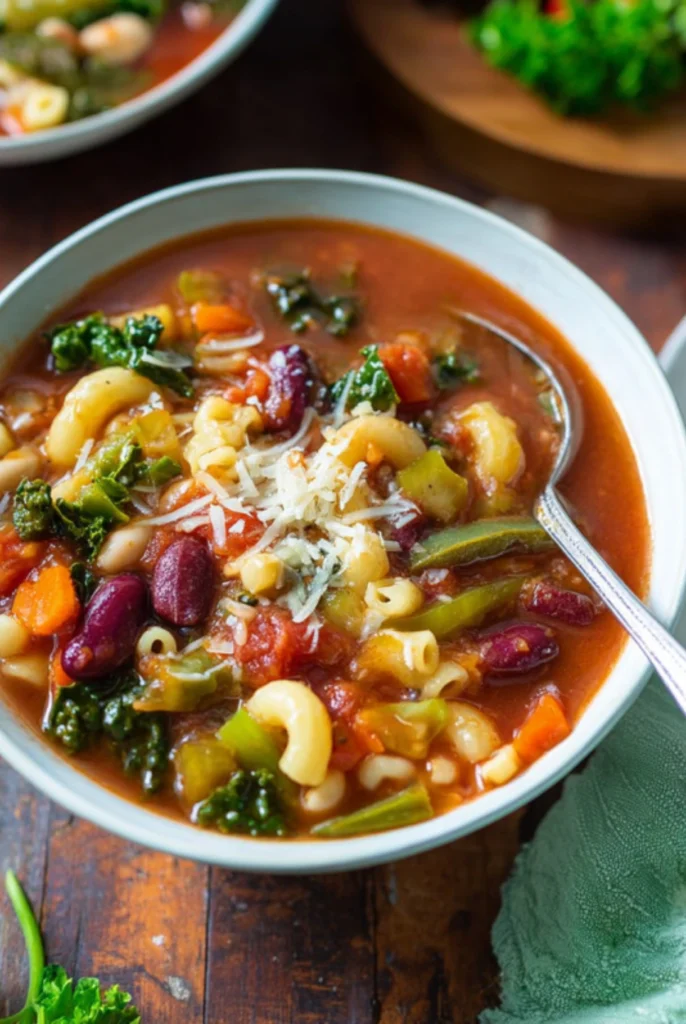 Italian Minestrone with Kale soup in a Dutch oven with pasta, beans, and vegetables in a rich tomato broth