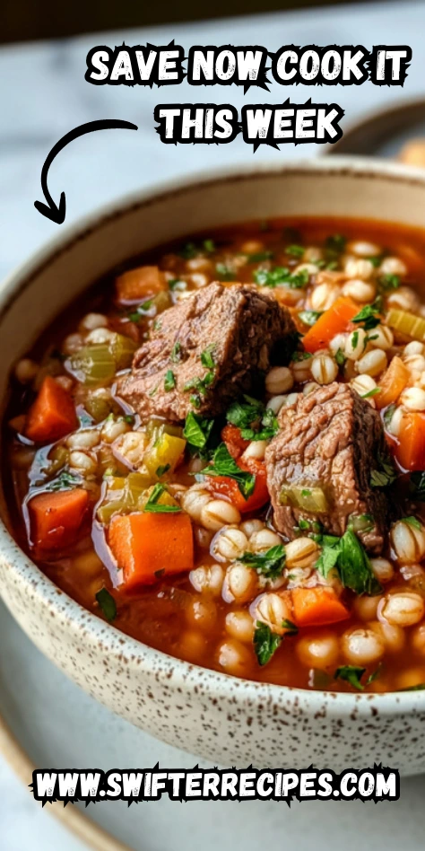 Beef and barley stew with tender beef cubes, carrots, celery, and barley in a rustic bowl topped with fresh parsley