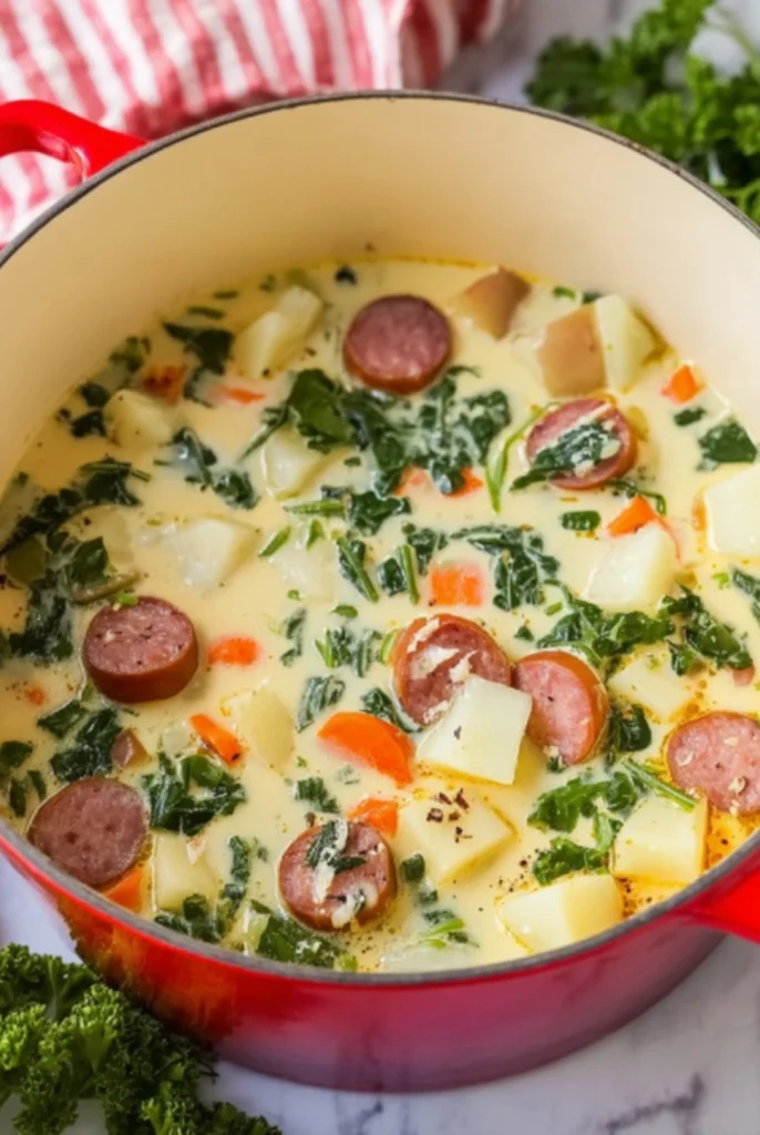 Creamy sausage potato kale soup in red Dutch oven with sliced kielbasa, diced potatoes, fresh kale and carrots in rich broth