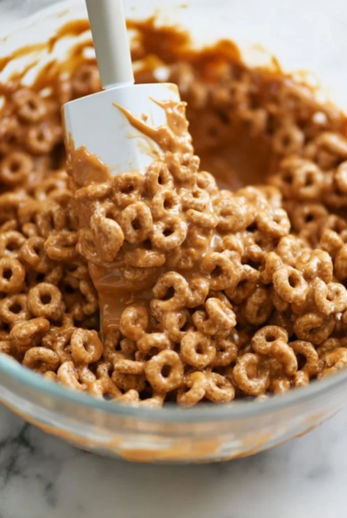 Cheerios coated in butterscotch and marshmallow mixture for Pumpkin Cheerio Treat Bars