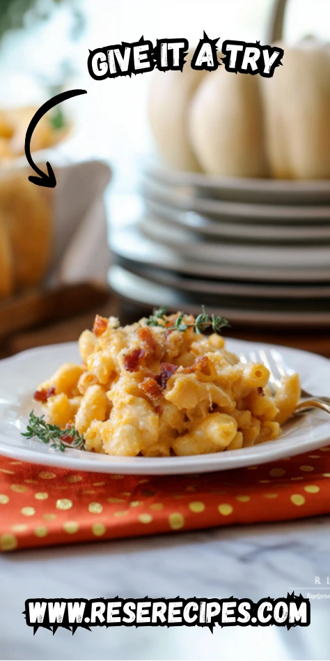 Pumpkin Mac and Cheese with Bacon served on a white plate, topped with crispy bacon and thyme, styled with a fall table setting