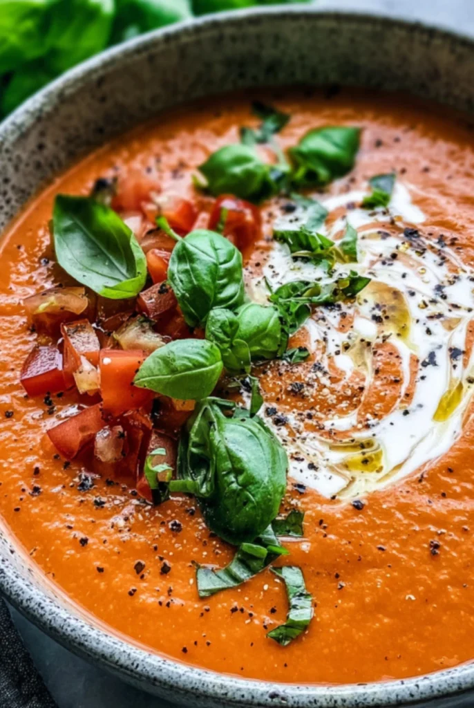 Creamy Tomato Basil Soup with Fresh Tomatoes and Basil Leaves