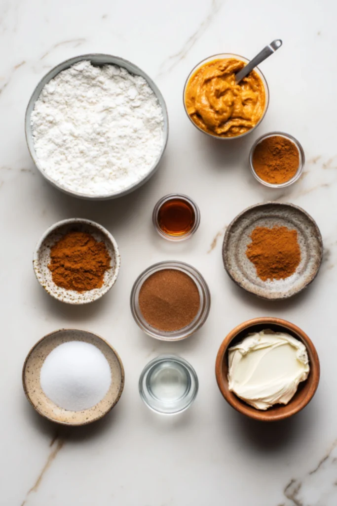 All the ingredients needed to make delicious pumpkin cupcakes: flour, pumpkin puree, spices, and more. Perfect for your fall baking.