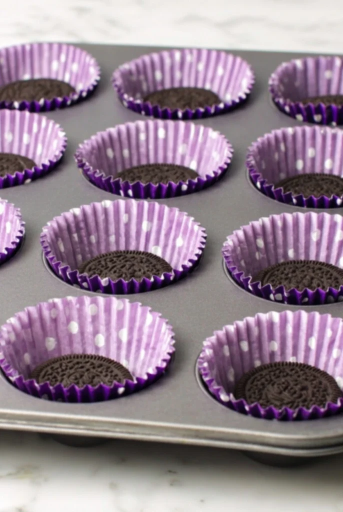 Oreo cookies placed in purple polka dot cupcake liners, ready for Halloween cupcake baking.