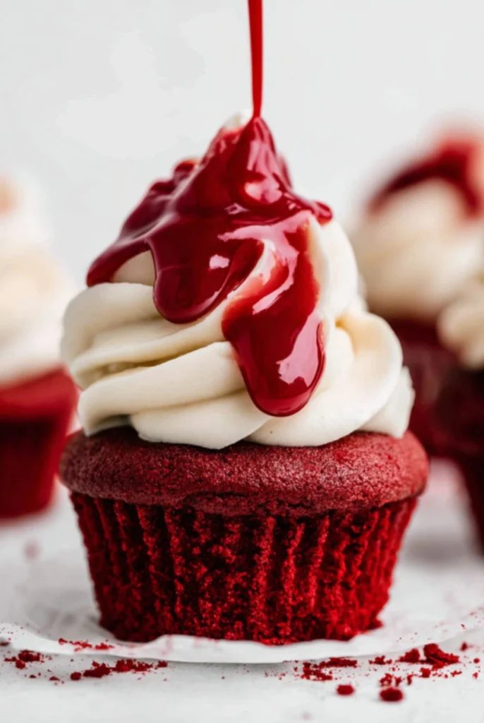 Halloween Red Velvet Cupcake topped with cream cheese frosting and dripping raspberry sauce for a spooky dessert idea