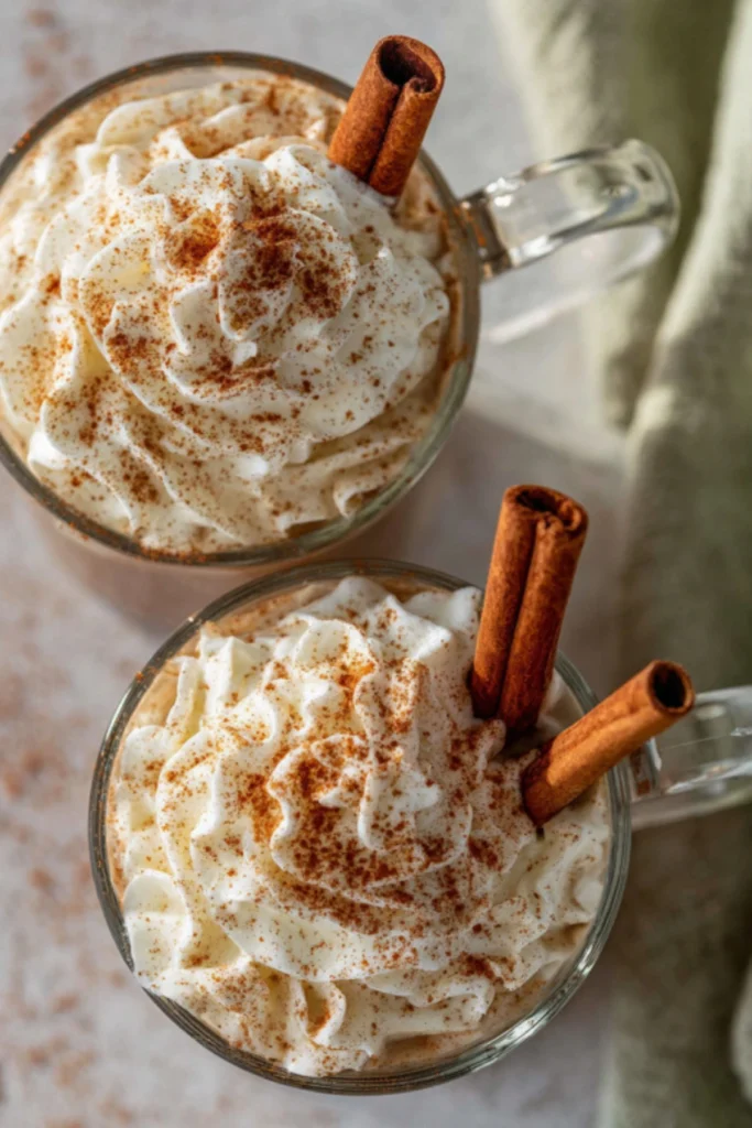 Top view of Pumpkin Spice Hot Chocolate topped with whipped cream, cinnamon, and cinnamon sticks, perfect for the fall season.
