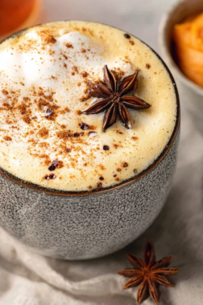 Creamy Pumpkin Spice Chai Latte with Star Anise and Cinnamon Topping