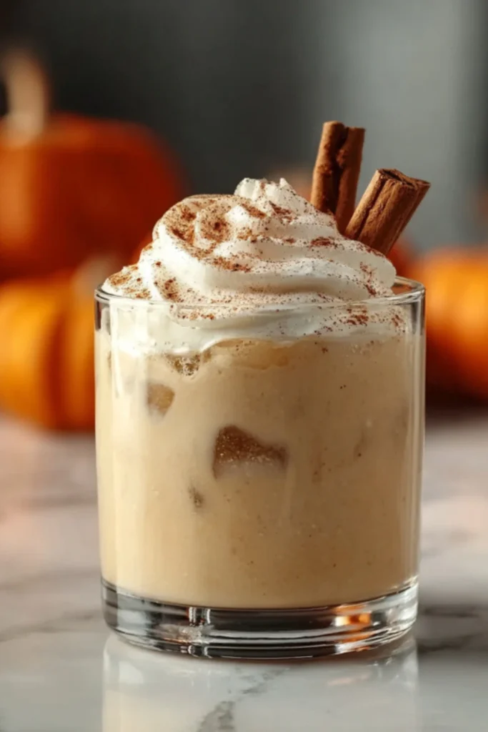 Pumpkin Spice White Russian cocktail with whipped cream and cinnamon garnish