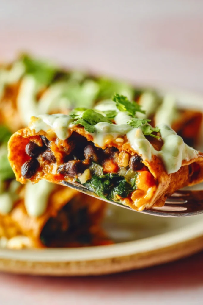 Pumpkin Black Bean Enchiladas with Avocado Crema and Fresh Cilantro