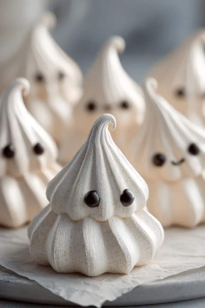 Ghost-shaped meringue cookies with chocolate eyes on parchment paper