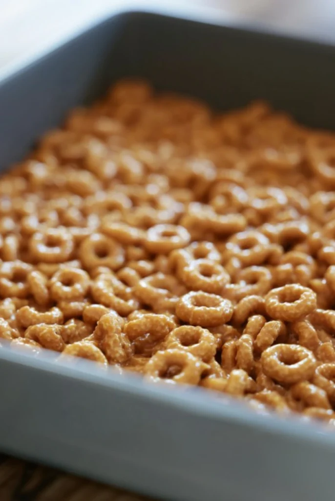 Butterscotch Pumpkin Cheerio Treat Bars pressed into pan before topping