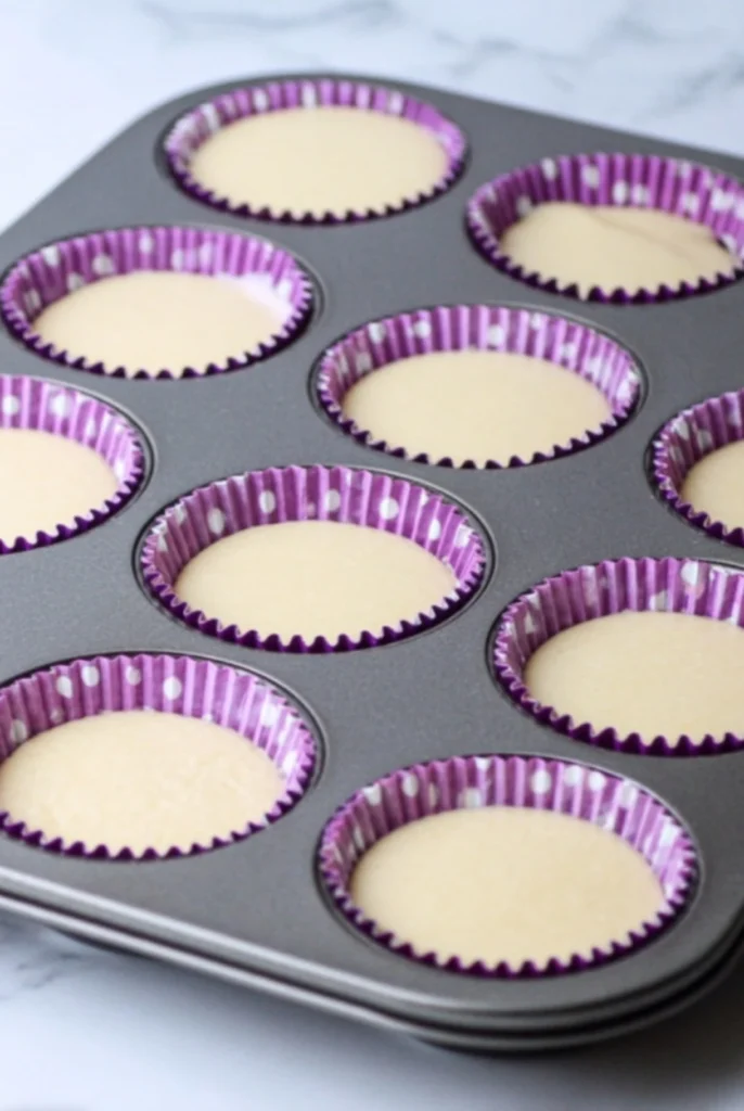 Halloween cupcake batter in purple polka dot liners, ready for baking.