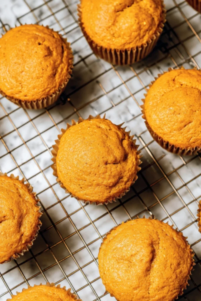 Freshly baked pumpkin cupcakes cooling on a wire rack. Soft, spiced, and ready to be topped with delicious frosting.