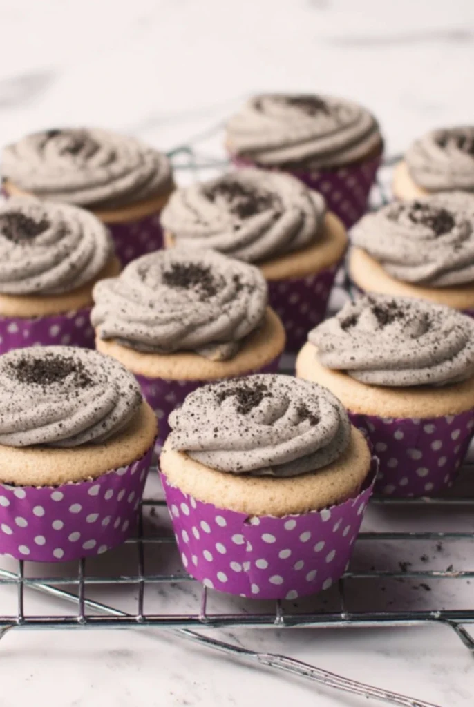 Halloween cupcakes with Oreo frosting topped with cookie crumbs, served in purple polka dot cupcake liners.