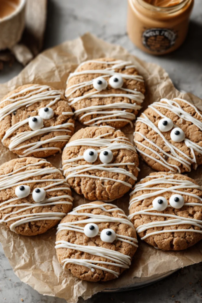 Mummy peanut butter cookies decorated with candy eyes and white chocolate drizzle