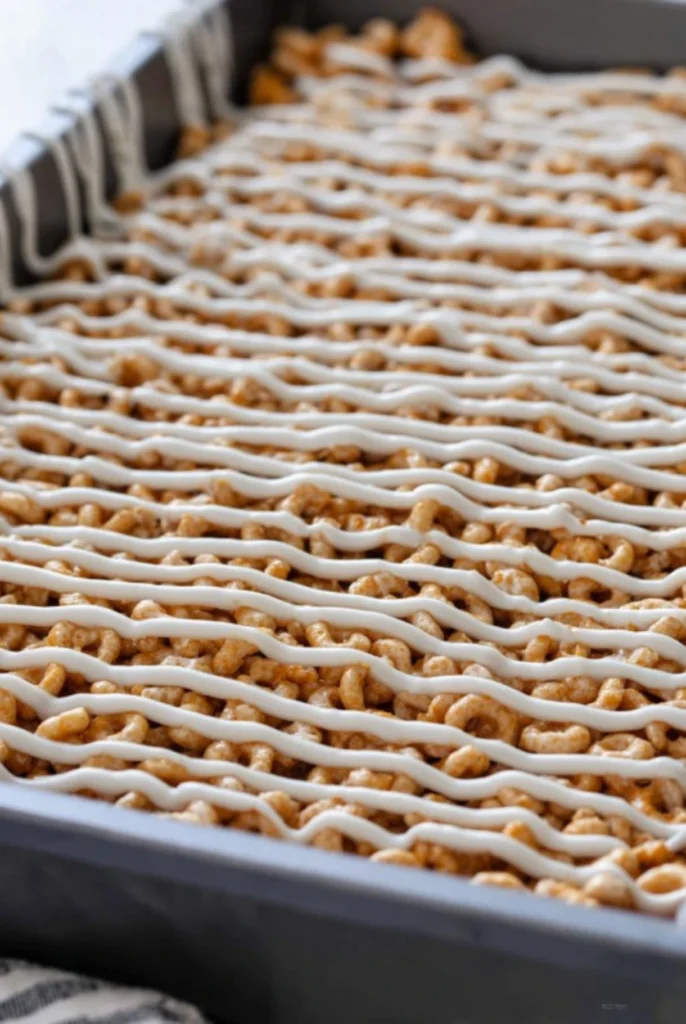 Pan of Butterscotch Pumpkin Cheerio Treat Bars with White Chocolate Drizzle – Easy No-Bake Dessert