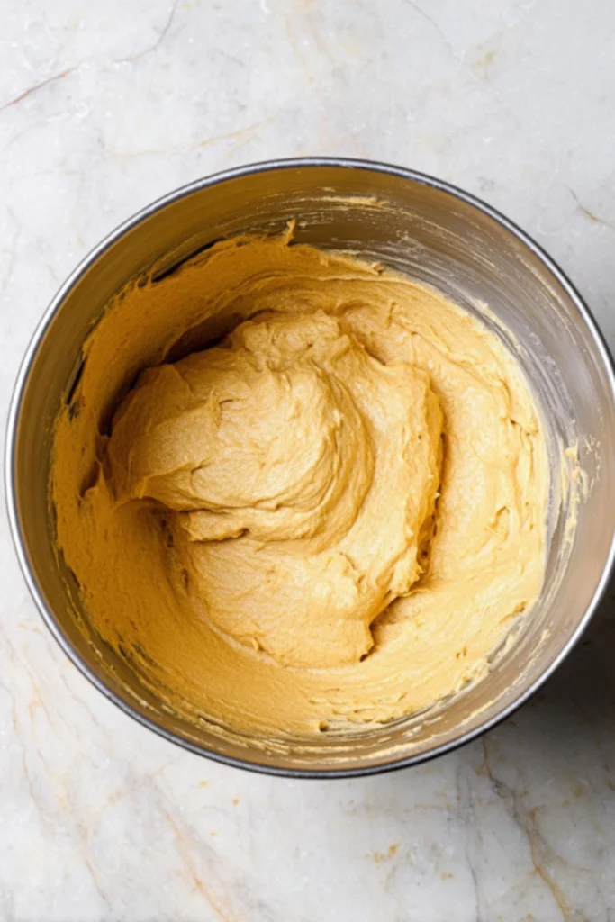 A bowl of smooth pumpkin cupcake batter ready for baking. The perfect start to making delicious fall cupcakes with creamy frosting.