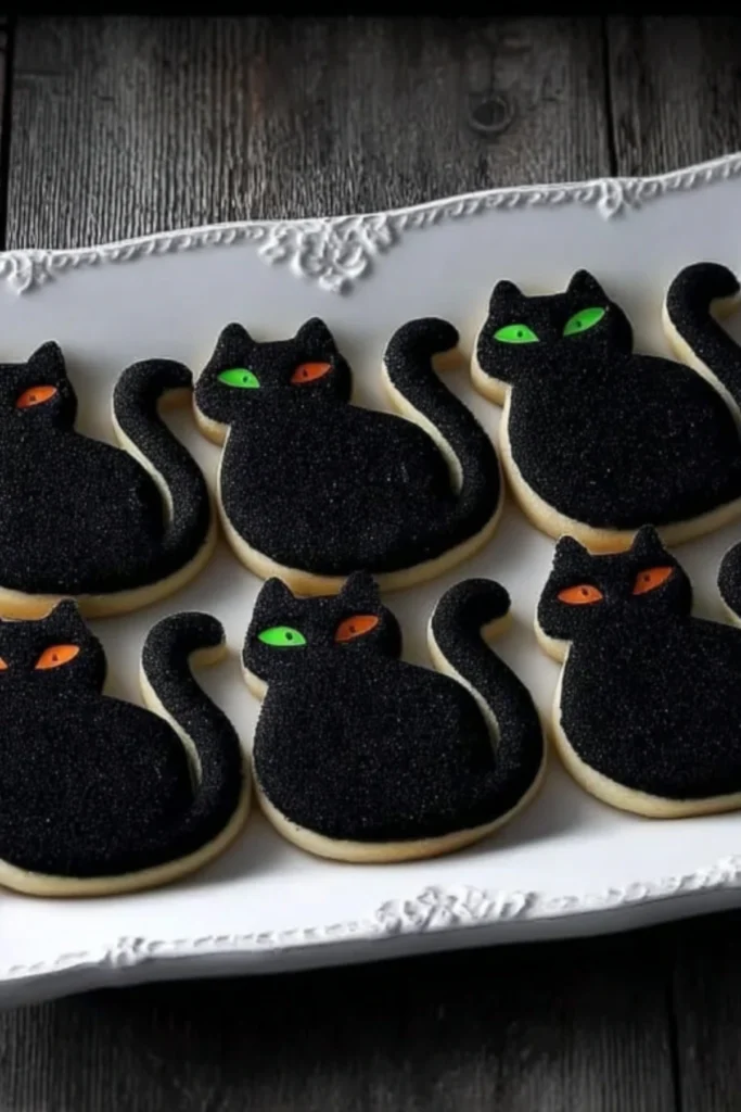 Black cat silhouette sugar cookies with glowing green and orange eyes on a white serving tray