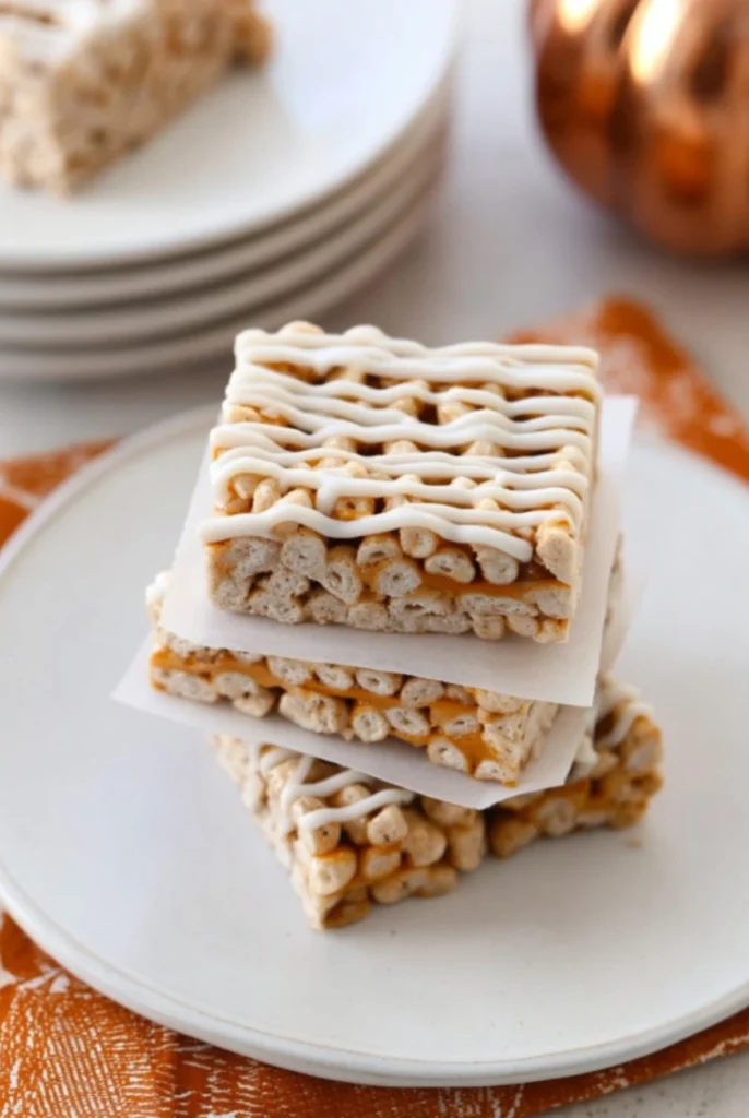Stacked Butterscotch Pumpkin Cheerio Treat Bars with White Chocolate Drizzle – Easy No-Bake Fall Dessert