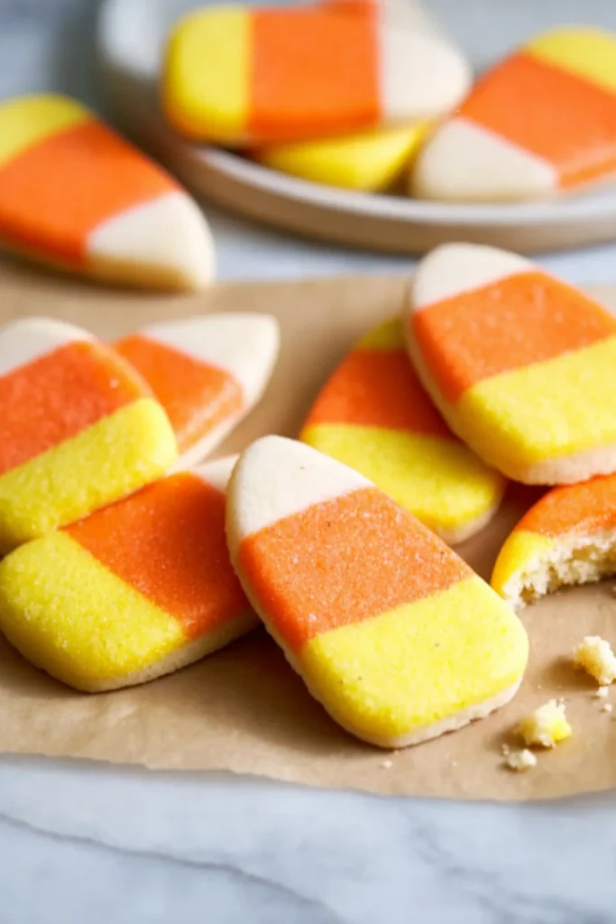 Homemade shortbread cookies decorated like candy corn in yellow, orange, and white