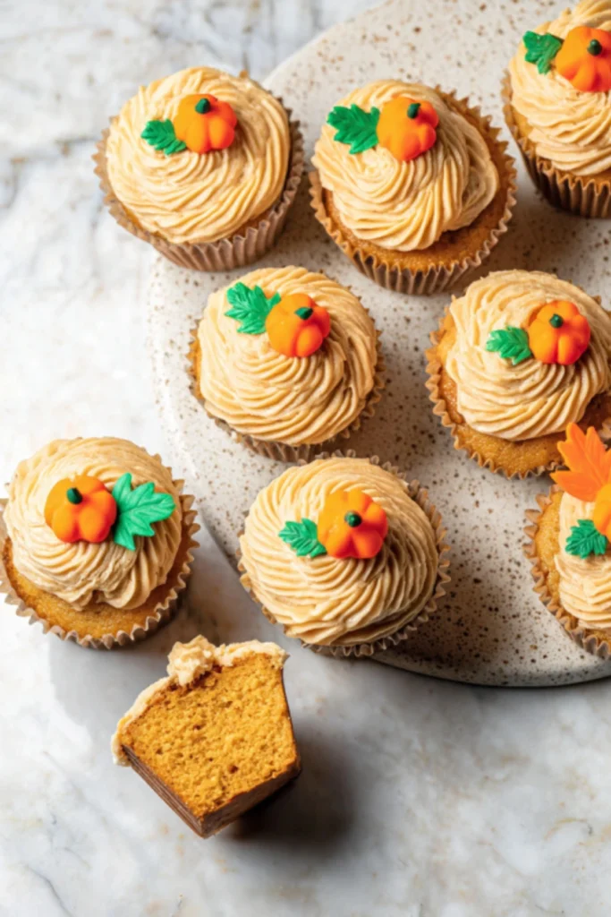 Pumpkin cupcakes with creamy frosting and colorful mini pumpkin decorations. Soft, spiced, and ready to enjoy this fall season.