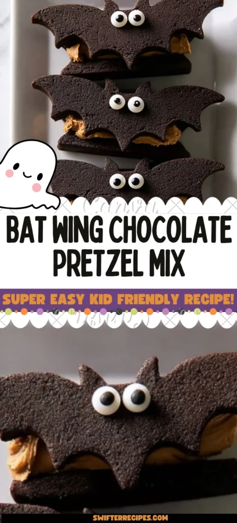 Bat Wing Chocolate Pretzel Mix cookies with peanut butter filling and candy eyes on a white plate – easy Halloween dessert for kids