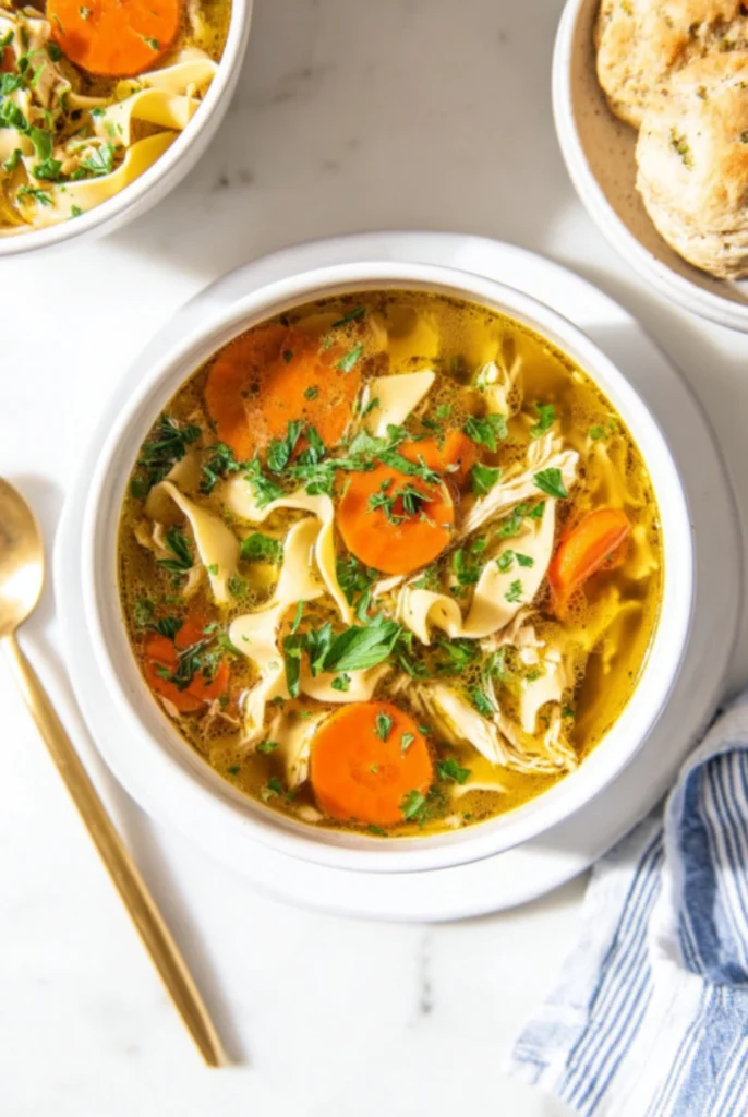 Homemade Chicken Noodle Soup with Fresh Carrots and Egg Noodles