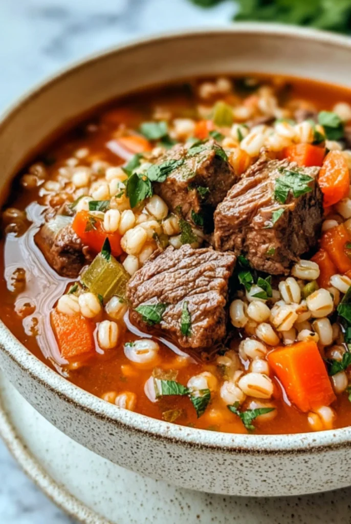 Hearty beef and barley stew with tender beef chunks, carrots, celery, and pearl barley served in a rustic ceramic bowl