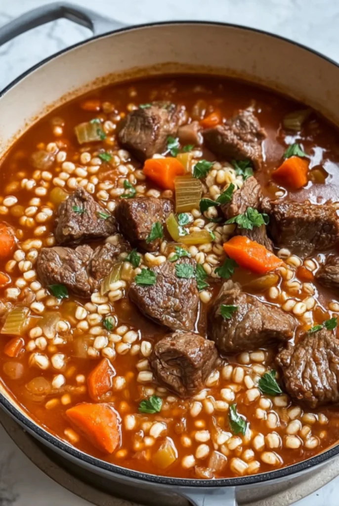 Beef and barley stew with tender beef chunks, carrots, celery, and pearl barley in a savory tomato broth