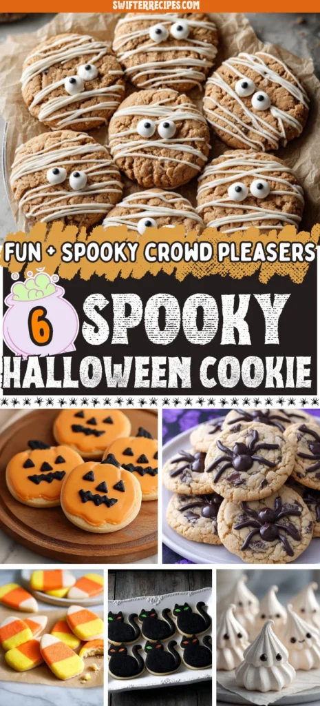 Halloween cookie recipes featuring mummy cookies, pumpkin sugar cookies, spider cookies, candy corn shortbread, black cat cookies, and ghost meringues