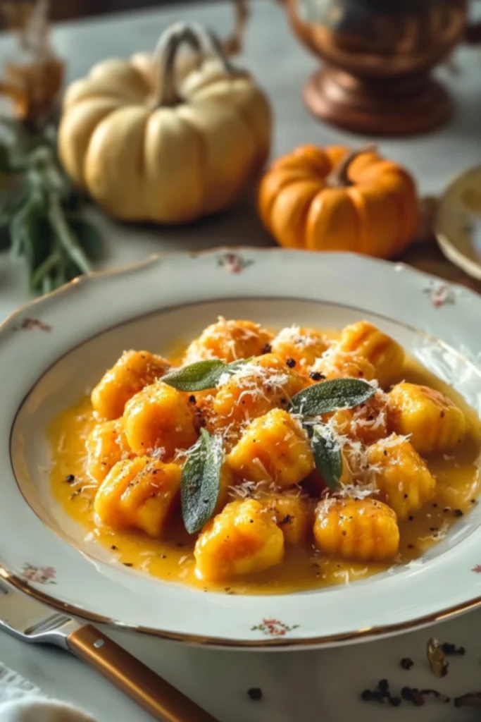A plate of homemade pumpkin gnocchi with a rich butter sauce, fresh sage leaves, and grated Parmesan, garnished with black pepper.