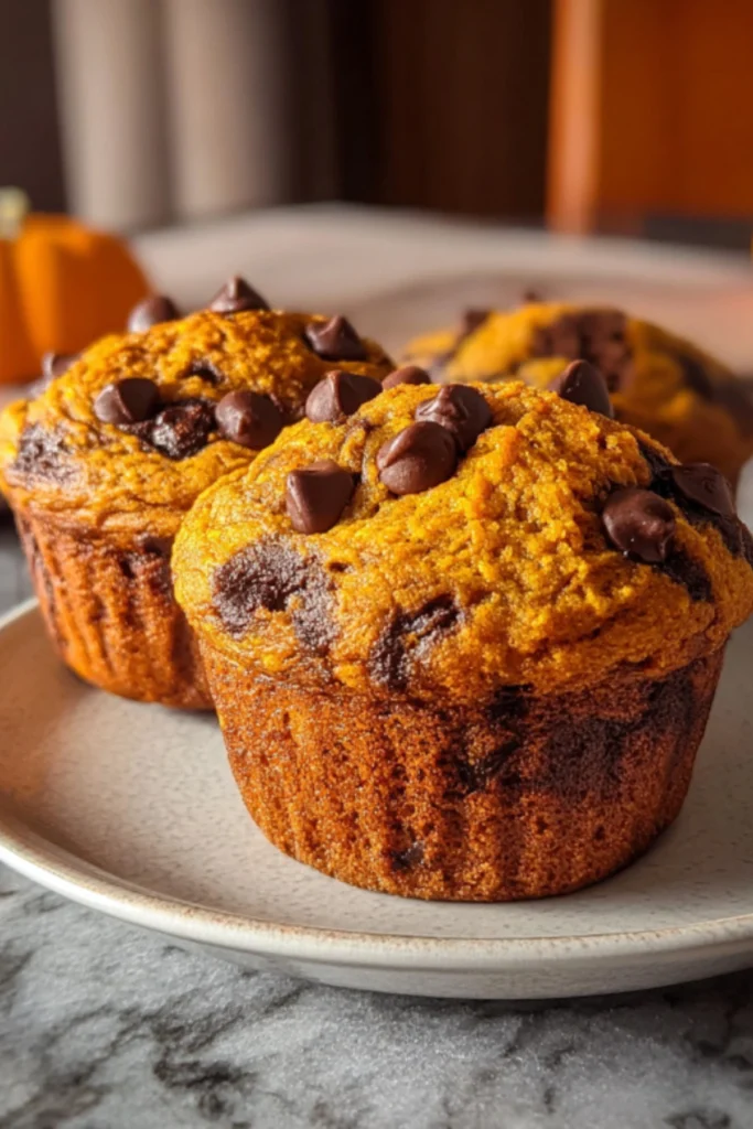 Close-up of Pumpkin Chocolate Chip Muffins on a plate with chocolate chips visible on top and a golden-brown exterior.