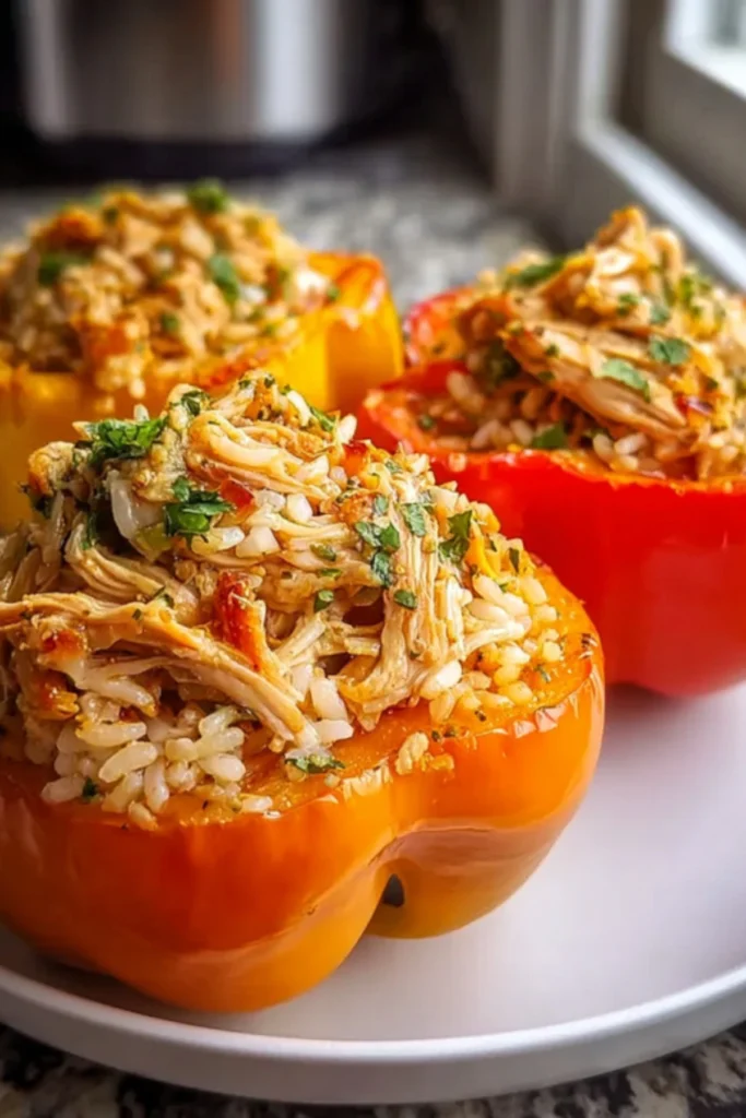 Close-up of Shredded Chicken & Rice Stuffed Orange Peppers on a white plate, topped with fresh herbs