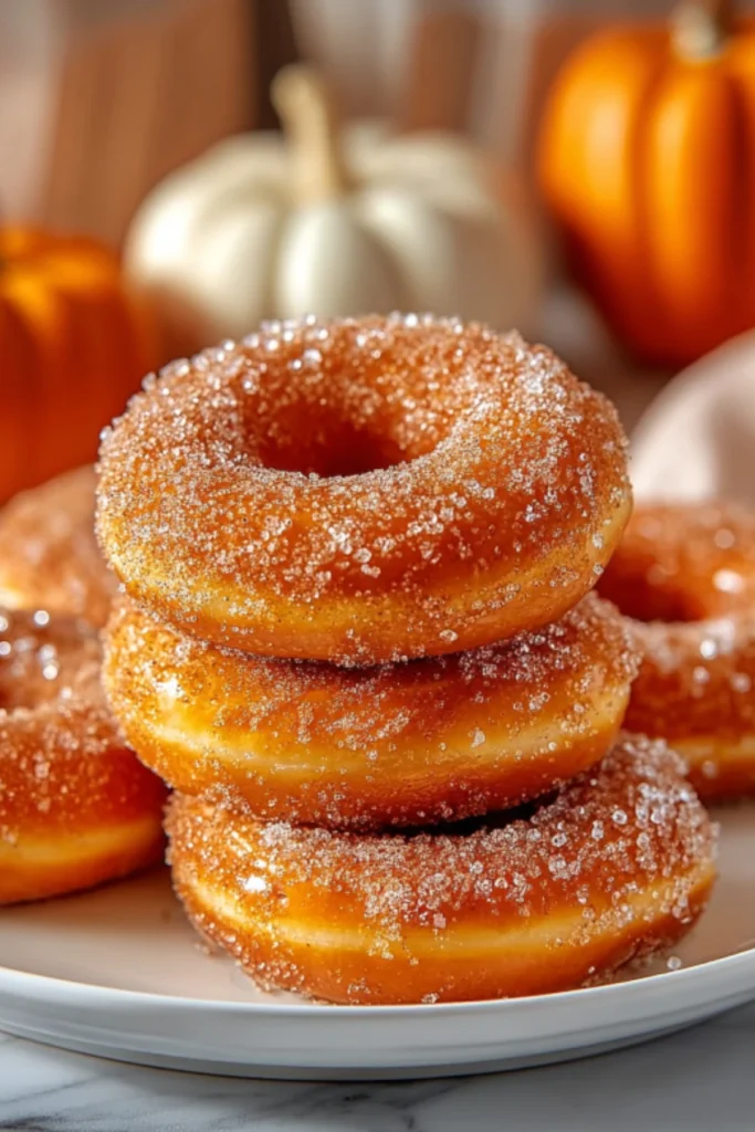 Glazed Pumpkin Donuts stacked on a white plate with cinnamon sugar coating