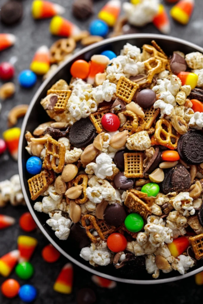 Monster Munch Trail Mix with popcorn pretzels candy corn and chocolate candies