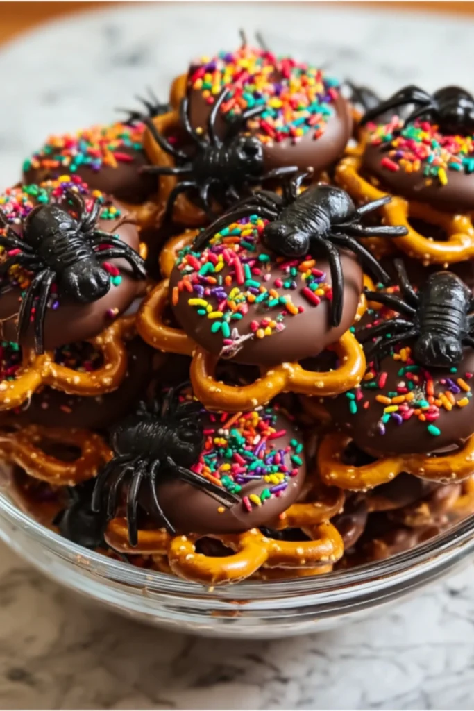 Spooky Spider Pretzel Mix with chocolate covered pretzels, rainbow sprinkles, and black gummy spiders in a glass bowl on marble countertop