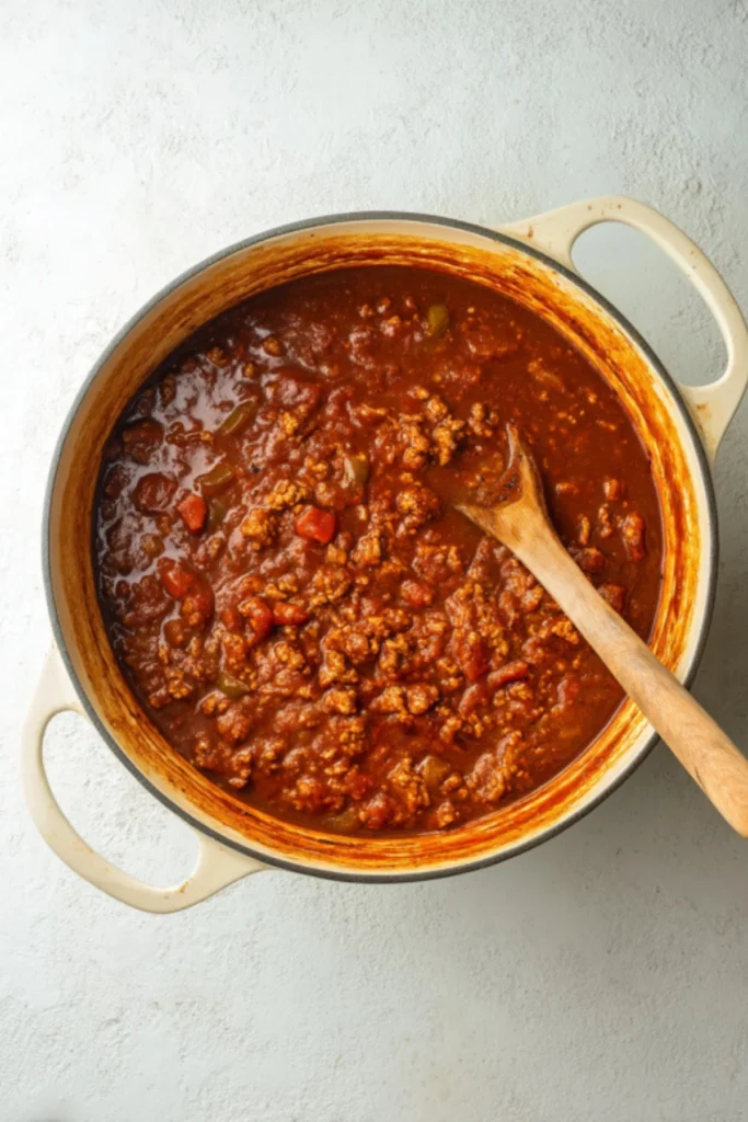 Turkey Chili (No Beans) simmering in a cream Dutch oven with a wooden spoon thick red sauce no beans visible on a light textured surface overhead