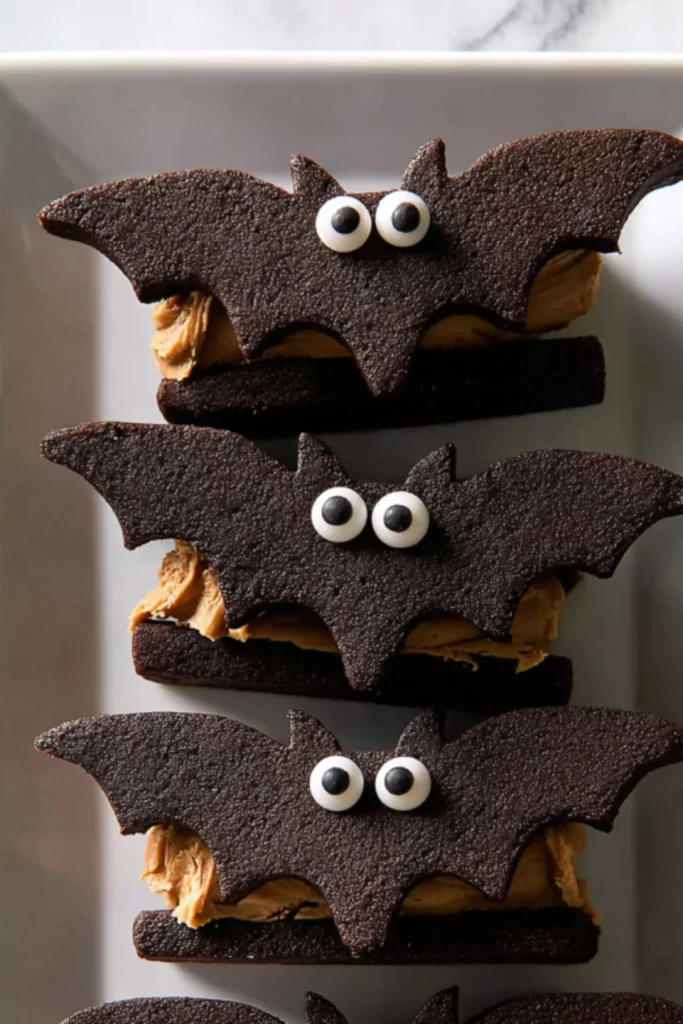 Bat wing chocolate pretzel mix cookies with peanut butter filling and candy eyes served on a white plate