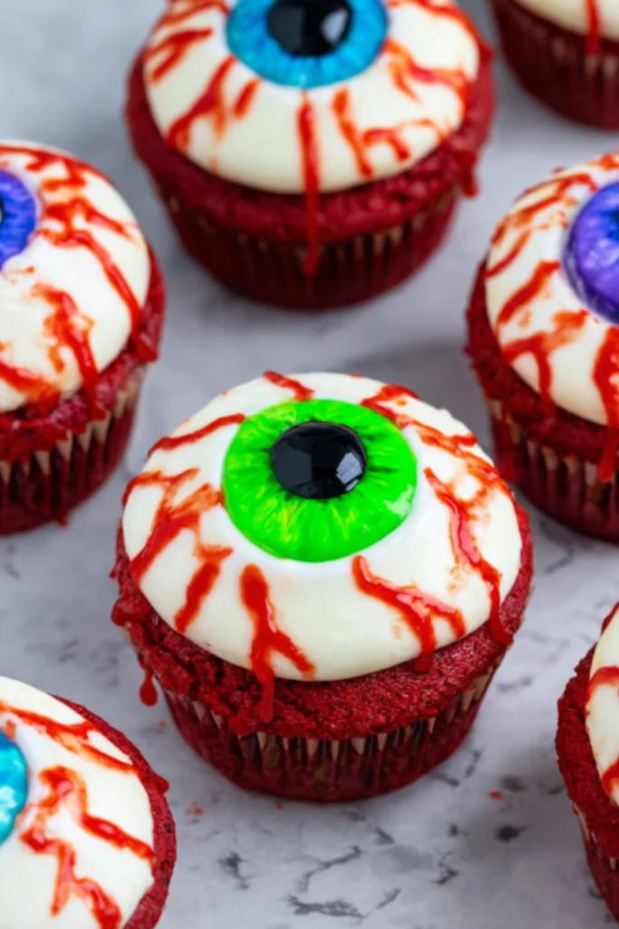 Halloween Eyeball Cupcakes with Red Velvet, Icing, and Syrup Drizzle