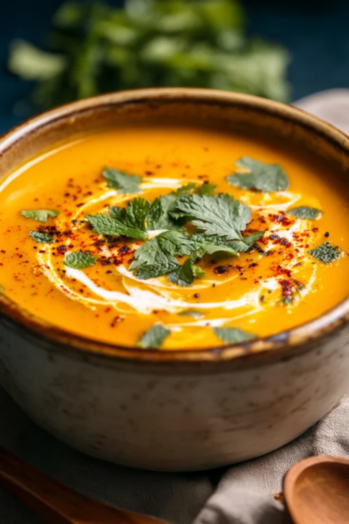 Thai Pumpkin Coconut Soup garnished with fresh coriander leaves and a swirl of coconut milk, sprinkled with red chili flakes for added color.