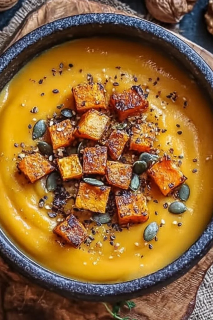 Roasted butternut squash soup topped with caramelized squash cubes, pumpkin seeds, and spices in a rustic bowl
