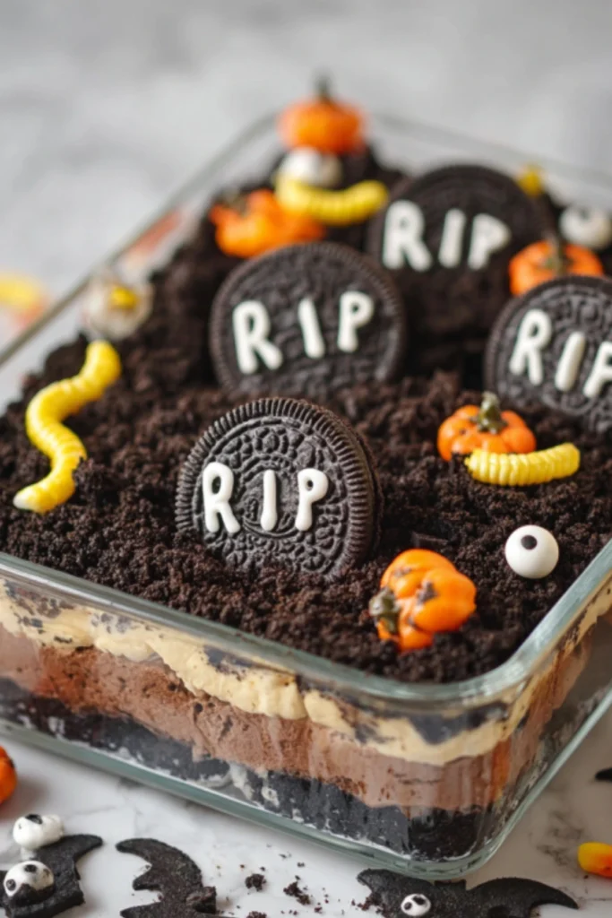 Graveyard Chocolate Cake with Oreo Tombstones and Halloween Decorations