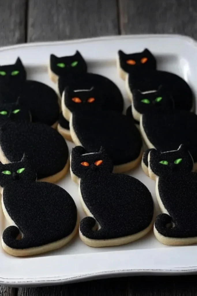 Black Cat Silhouette Sugar Cookies decorated with black sanding sugar and glowing orange and green candy eyes arranged on a white platter.