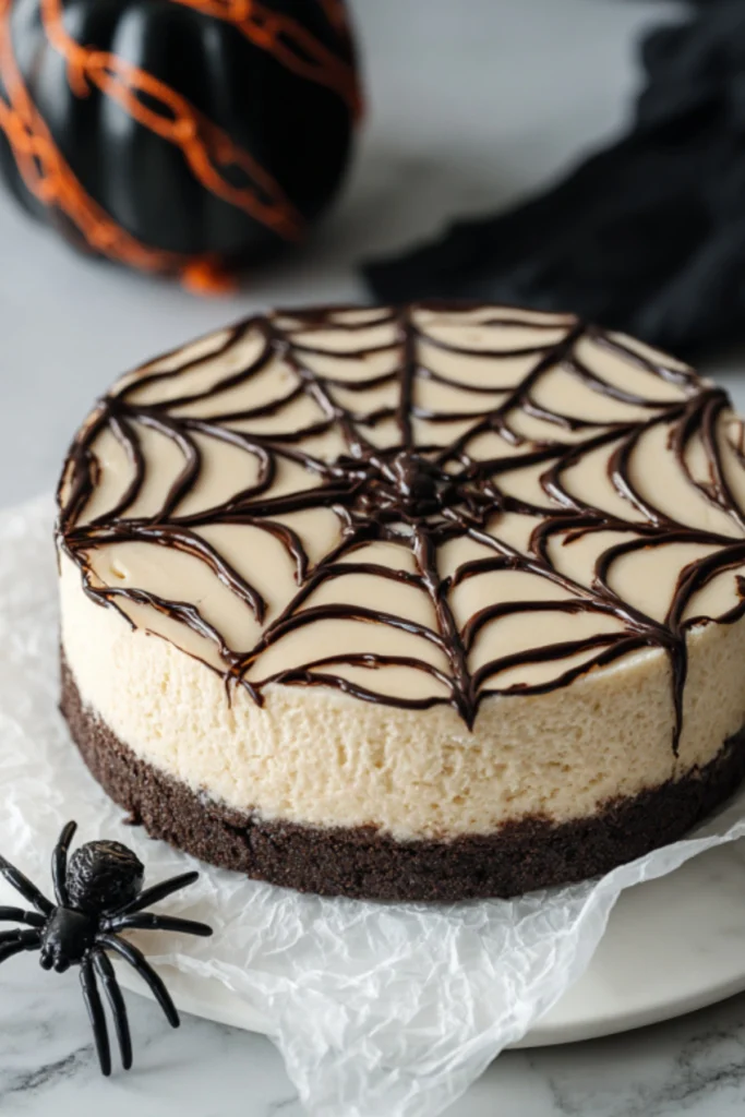 Spider Web Cheesecake with Chocolate Cookie Crust and Halloween Web Design