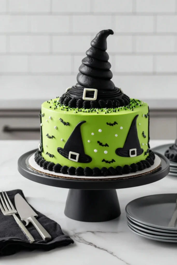 Halloween Witch Cake with Green Buttercream and Fondant Witch Hat