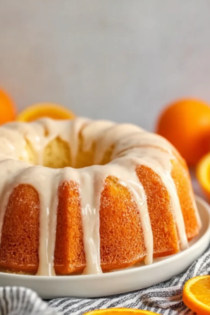 Orange Velvet Layer Cake with smooth orange glaze on bundt