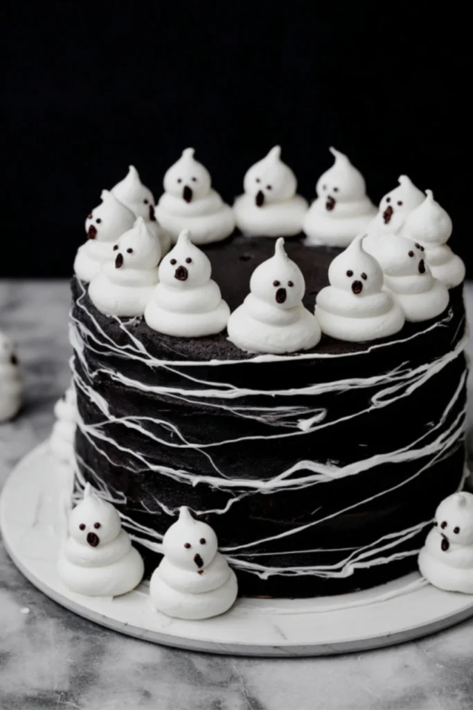Black Cocoa Halloween Layer Cake with Ghost Meringue Cookies