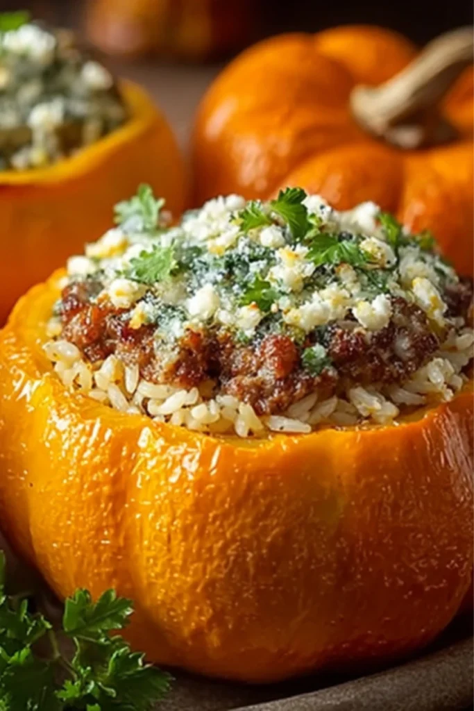 Close-up of stuffed pumpkin with rice and sausage topped with Parmesan and parsley, served as a cozy fall dinner recipe
